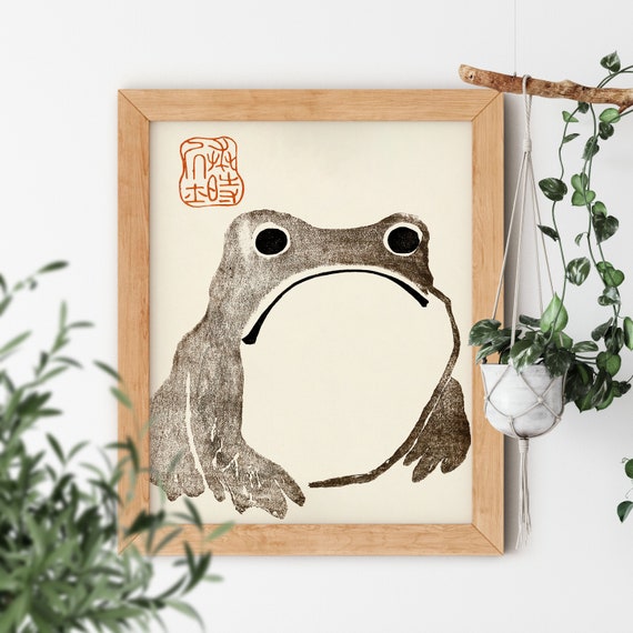 Cute Frog Drawing, Japanese Art, Vintage Wall Decor, Grumpy Frog