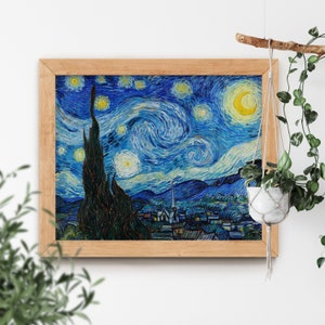 Impresión artística de estética vintage con estrellas famosas y luna creciente en azul, abstracto, arremolinado y cielo psicodélico de La noche estrellada de Vincent Van Gogh, 1889