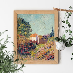 Landscape by Vincent van Gogh 1925-1928 Famous Cottage in a Colorful Field of Flowers Detailed Brush Stroke Vintage Aesthetic Fine Art Print