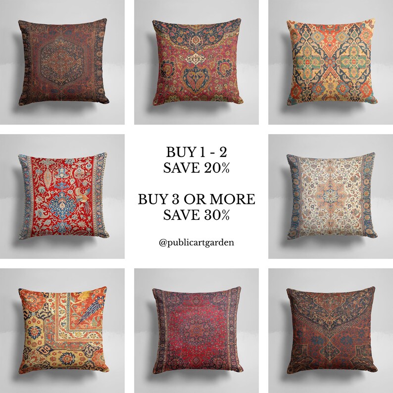 Antique Persia Doroksh Vintage Aesthetic Decorative Throw Pillow Colorful Dusty Blue Gray Red Tan Pattern 14x14 16x16 18x18 20x20 Inch Sets