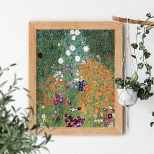 May include: A framed painting of a garden with a variety of flowers in shades of white, orange, purple, and green. The flowers are arranged in a dense, colorful cluster.