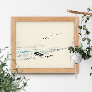 Beach Scenery by Kono Bairei 1844-1895 Japanese Ocean Wave Birds Landscape Minimalist Famous Antique - Vintage Art
