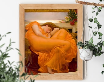 Flaming June by Frederic Lord Leighton 1830-1896 Napping Retro Burnt Orange Victorian Aesthetic Painting