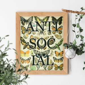 ANTISOCIAL Butterfly Humor Funny Silly Comic Saying Club Quote Old Science Textbook Artwork Poster Aesthetic Room Decor Print