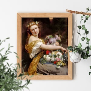 May include: A painting of a woman in a white dress and a gold shawl, holding a bouquet of flowers. The woman is sitting in a garden setting, with a dark background.