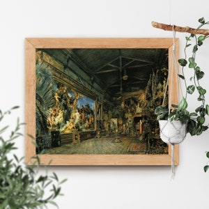 May include: A framed painting depicting a large, ornate room with a high ceiling and a large painting on the back wall. The painting features a group of figures in a forest setting. The room is decorated with plants, sculptures, and other decorative elements.