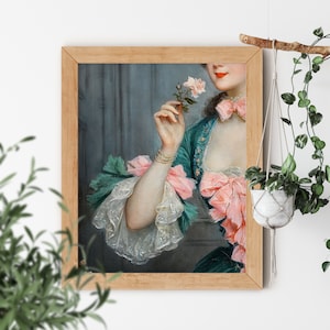 Elegant Dame II by Lucius Rossi 1846-1913 Famous Victorian Era Woman Renaissance Dress Light Pink Roses Vintage Aesthetic Fine Art Print
