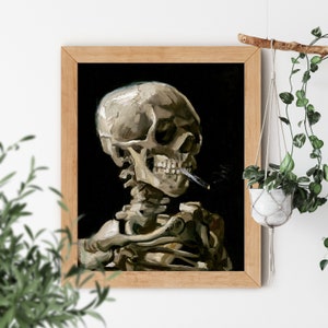 May include: A painting of a human skeleton with a cigarette in its mouth. The skeleton is painted in a realistic style, with detailed bones and a skull with a thoughtful expression. The background is a dark, almost black, color.