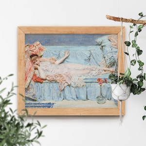Lilies by Albert Joseph Moore 1866 High Quality Famous Female Napping Laying Down Light Dusty Blue Couch Relaxing Bored Lazy Day Antique Art