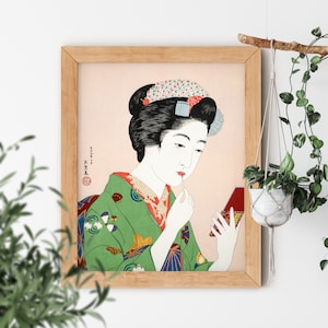 Woman Applying Rouge by Goyo Hashiguchi 1920 Famous Japanese Ukiyo-e Woodblock Light Green Kimono Dress Vintage Aesthetic Fine Art Print
