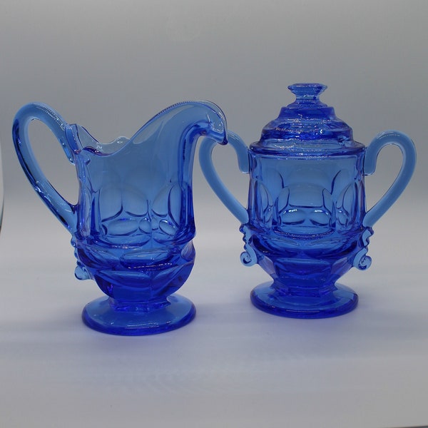 Fostoria HFM Argus Blue Creamer and Covered Sugar Bowl