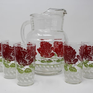 Vintage Anchor Hocking Style Pitcher and 5 Glasses Set with Red Flowers and Green Leaves