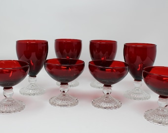 Anchor Hocking Ruby Red Bubble Foot Glasses, Sets of 4 Coupes and Juice Glasses Available, Sold Separately