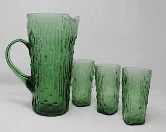 MCM Empoli Emerald Green Textured Bamboo/Wax Drip Pitcher & 3 Glasses