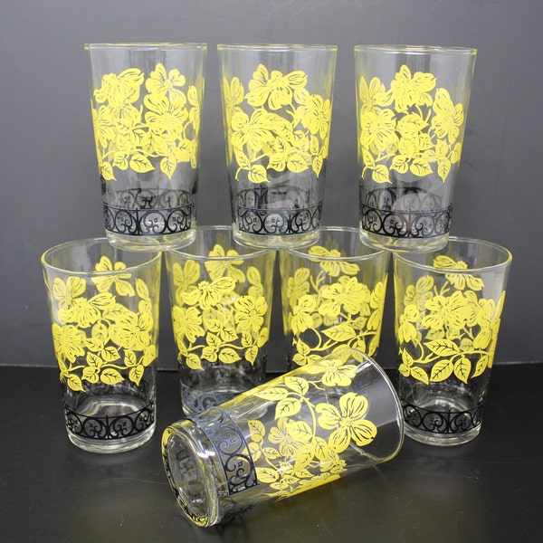 Federal Glass Company Set of 8 Yellow Flowers and Black Trellis 12 Ounce Tumblers