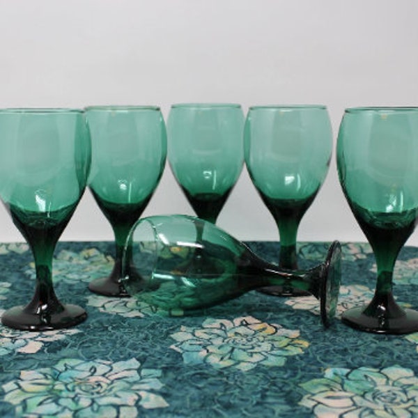 Set of 6, Unmarked Libbey Gold Rim Teardrop Dark Juniper Green Water Goblets/ Wine Glasses