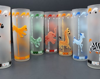 Libbey Merry-Go-Round Cooler Glass: Vintage Frosted Animal Tumbler