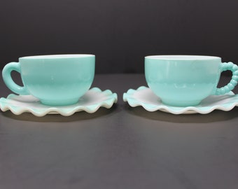 Hazel Atlas Turquoise Blue Cup and Saucer, Choice of Cup Handle