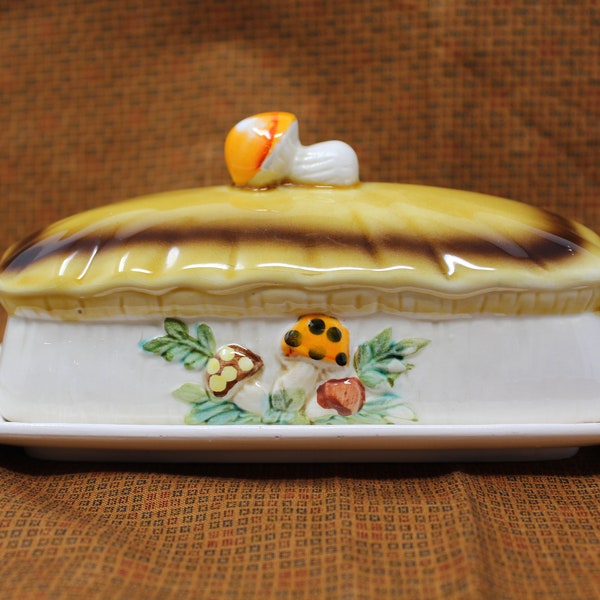 Vintage Sears Merry Mushroom Covered Butter Dish, Made in Japan 1976