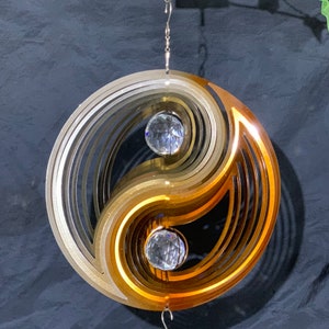 YIN and YANG Wind Spinner 12" with 2 Crystal Balls. Silver&Gold Color. Home and Garden Decor. Stainless Steel. Beautiful Decoration.