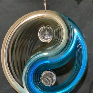 YIN and YANG Wind Spinner 12&quot; with 2 Crystal Balls. Silver&Blue Color. Home and Garden Decor. Stainless Steel. Beautiful Decoration.