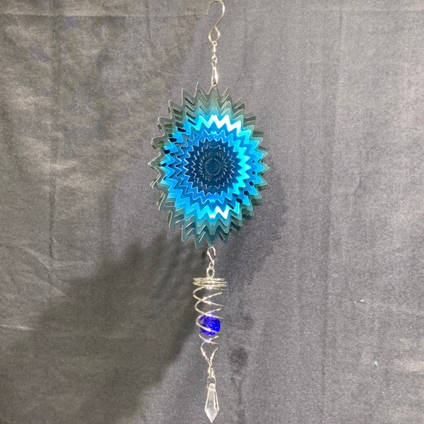 STAR WAVE Wind Spinner and Mini Tail with Crystal Ball. Silver&Blue Color. Home and Garden Decoration. Stainless Steel. 2 Separate Pieces.