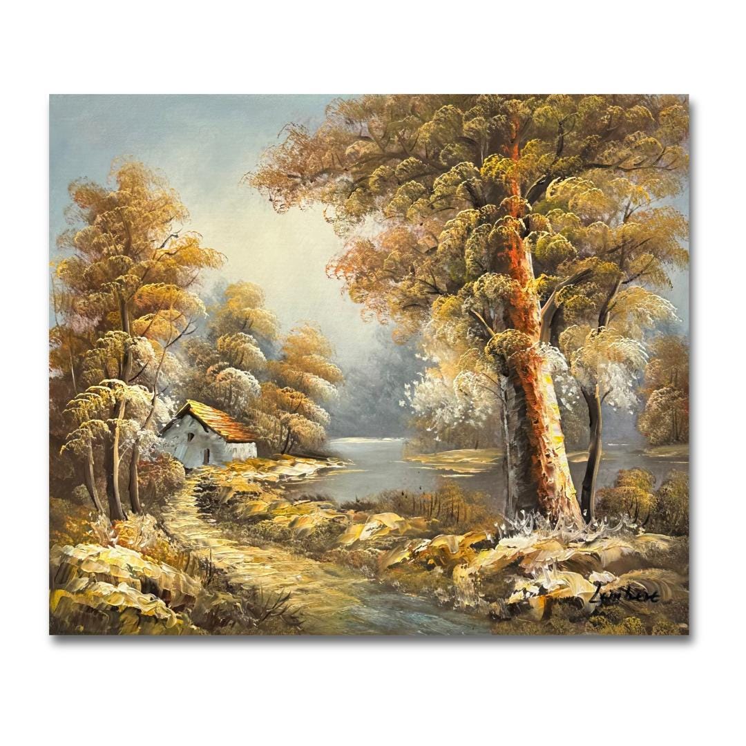 Original Cottage Landscape Oil Painting | Lake House Wall Art, Rustic ...