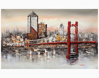 Handmade Original Brooklyn Bridge Oil Painting: New York Cityscape Art (24x36") Original Handmade Wall Art | NYC Painting