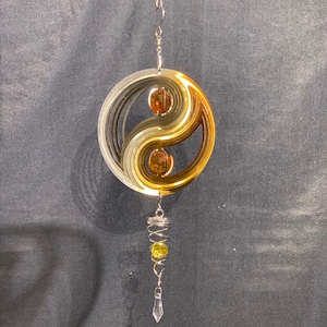 YIN and YANG Wind Spinner 6&quot; with Mini Twister Tail Crystal Balls. Silver&Gold Color. Home and Garden Decoration. Stainless Steel.