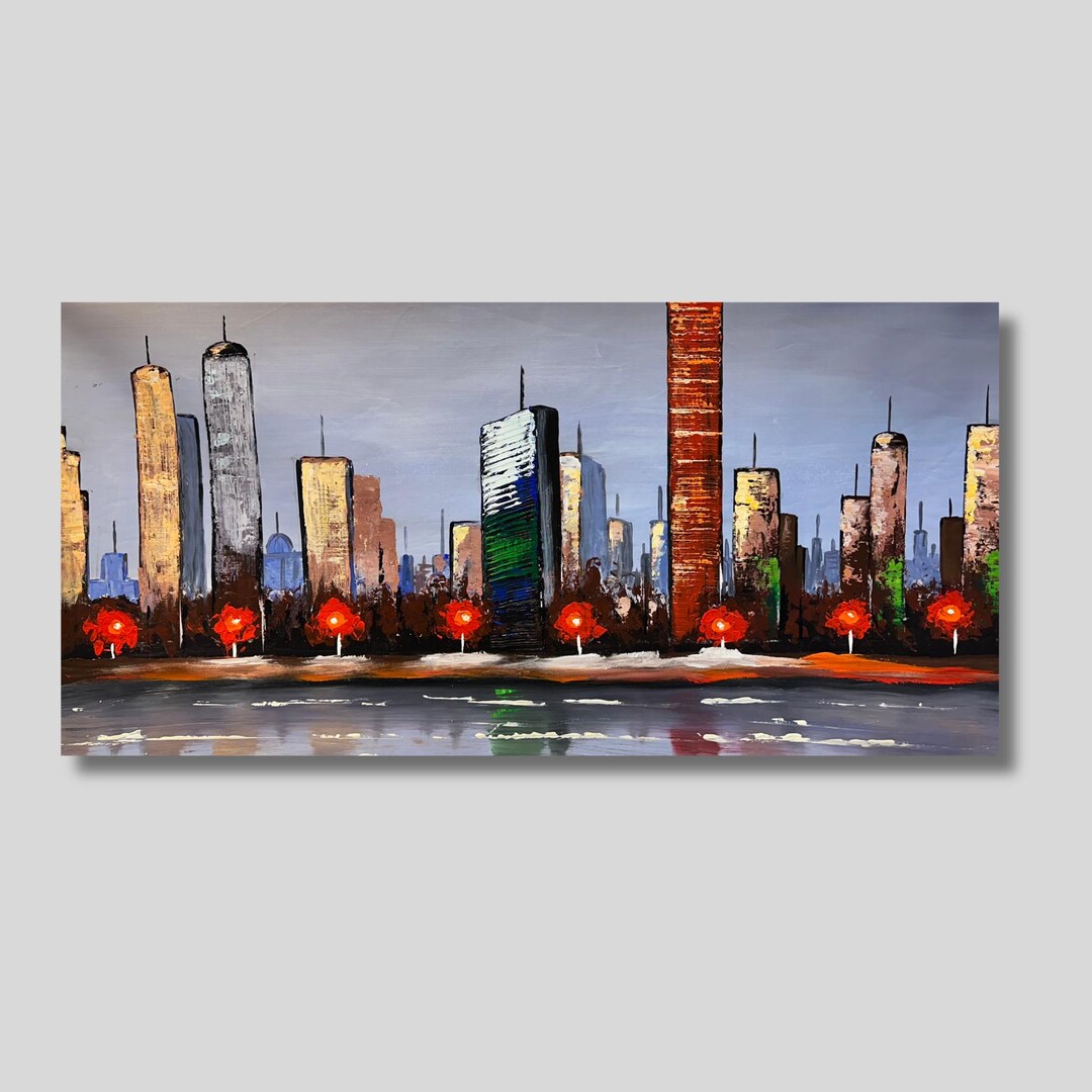 Large Abstract Cityscape Oil Painting | 24x48 Original Skyline Canvas ...