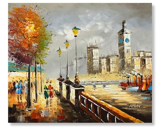 London Cityscape Oil Painting: Handmade Canvas Wall Art. Original Modern London Street Scenery Textured Wall Art. Modern Impressionism