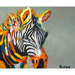 Colorful Zebra Oil on Canvas Painting. Animal Art Portrait Painting. Wall Art Decor.Handmade Artwork. London Art. Home Decoration.