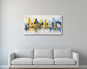 Großes buntes abstraktes Stadtbild | Handgemachtes Original Öl auf Leinwand Wandkunst | Skyline Kunstwerk | Zeitgenössischer Impressionismus