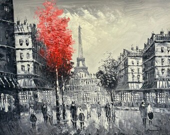 Paris Streets in Black and White with Red a Tree. Hand-painted Oil Painting on Canvas. Wall Art Decor. Handmade Artwork. Paris Artwork.