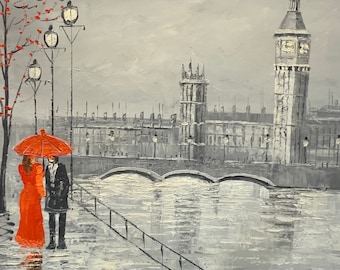 Hand-Painted London Cityscape Oil Painting on Canvas (24x20") | London Painting | Handmade Original Art | London Wall Art