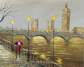 London Cityscape Oil Painting: Handmade  Canvas Wall Art. Original Modern London Street Scenery Textured Wall Art. Hand-painted London Art
