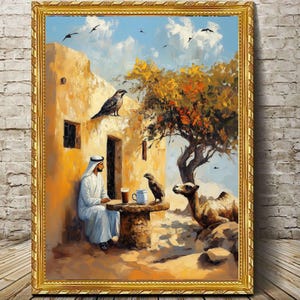 Arabische Kultur Ölgemälde, Vintage Kunst, Naher Osten Kunstdrucke, VAE Gemälde, Arabischer Kaffee, Alter Araber, Kamel & Falke, Mann in Kandura