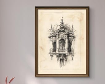 May include: A framed pencil sketch of an ornate architectural structure, featuring a domed roof, arched windows, and intricate detailing. The artwork is set against a parchment-toned background, encased in a dark brown wooden frame. The drawing style is detailed and realistic.