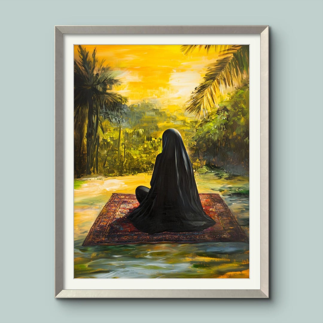 Islamic Woman Praying at Sunrise: Tropical Muslim Art (digital
