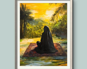Islamic Woman Praying at Sunrise: Tropical Muslim Art (digital