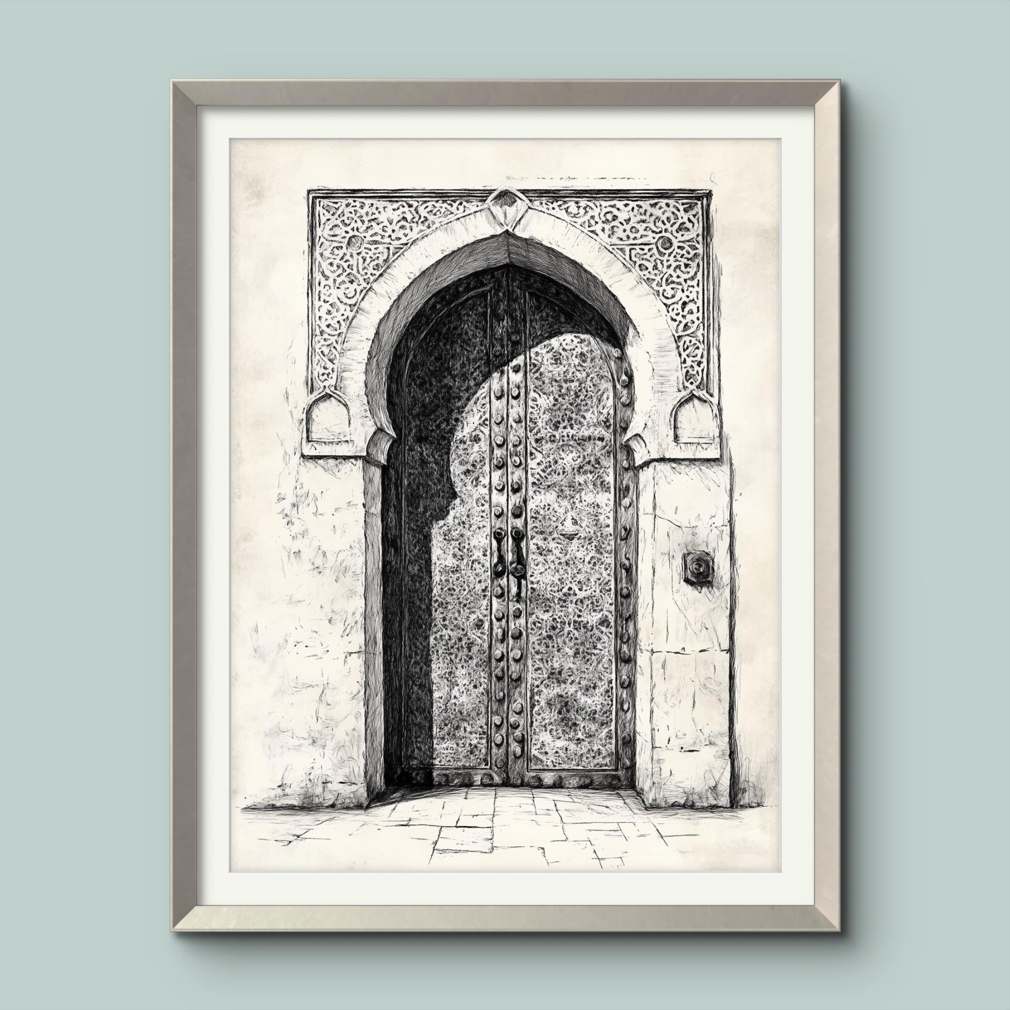 イスラムのアーチ扉のスケッチプリント：ヴィンテージモロッコ建築
