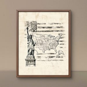 American Liberty Art, kaart van de VS met vlag | Patriottische digitale print voor kantoor, Amerikaanse kaartschets en kaart, Independence Day Art, kunst op 4 juli