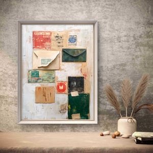 Collage di timbri di buste retrò stampabili - Arte di lettere vintage con timbri postali invecchiati e design ispirato alla posta, decorazione murale digitale da scaricare