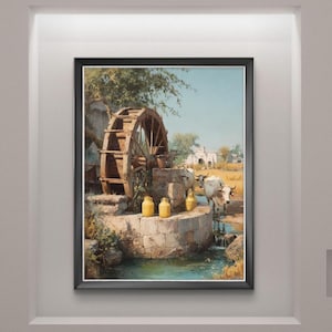 May include: Framed artwork showing a rural scene with a wooden water wheel, stone structure, and yellow jugs. Two cows stand near a stream. The painting has a warm colour palette with a blue sky and green foliage.