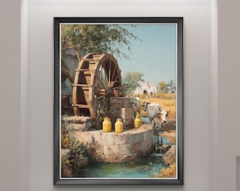 Persian Wheel Oil Painting: Vintage Punjab Village Scene (Digital Download