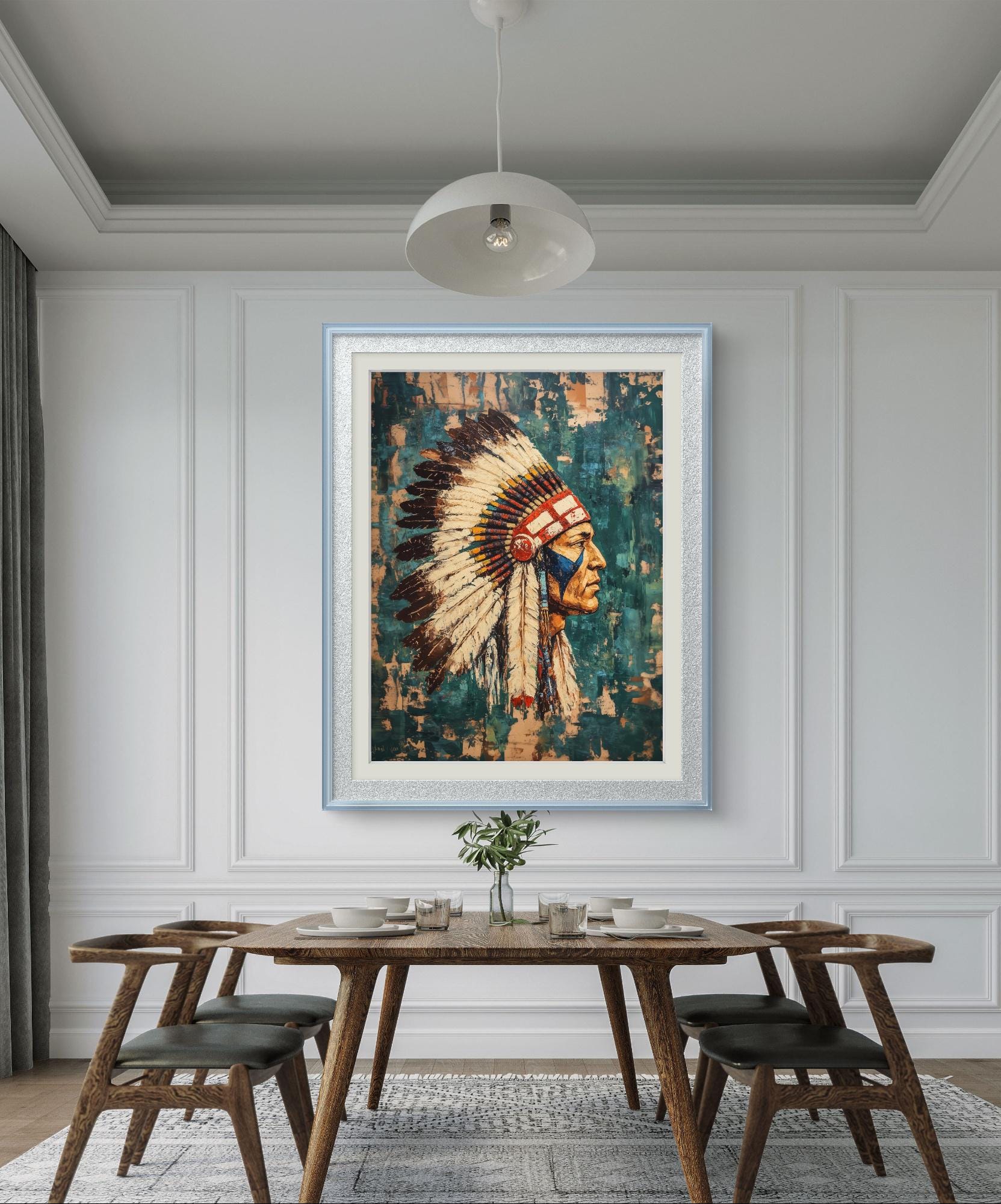 Native American Chief Portrait Art: Tribal Headdress, Teal Abstract ...