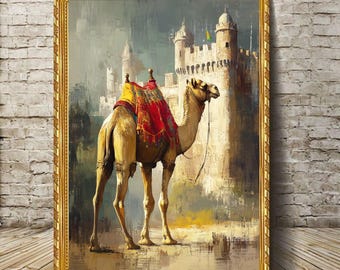 May include: A painting of a camel standing in front of a large, stone building. The camel is brown and has a saddle on its back. The building is a light gray color and has many windows. The painting is done in a realistic style and has a warm, inviting feel.