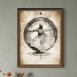 Può includere: Una stampa incorniciata in seppia raffigura un derviscio rotante con una veste bianca e turbante, con le braccia tese. La figura è centrata all'interno di un grande cerchio stilizzato, con un cerchio più piccolo sopra e sotto, su uno sfondo strutturato.