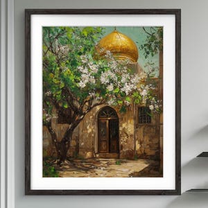 Könnte beinhalten: Ein Gemälde, das ein Gebäude mit einer goldenen Kuppel zeigt, umgeben von einem blühenden Baum. Das Gebäude hat eine Holztür und ein Fenster. Die Szene ist in einem realistischen Stil mit sichtbaren Pinselstrichen gemalt.