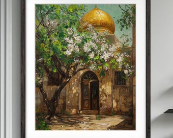 May include: A painting of a building with a golden dome, surrounded by a blooming tree. The building has a wooden door and a window. The scene is painted in a realistic style with visible brushstrokes.